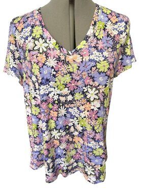 Blue Sol Floral & Red Print Colorful V-Neck Tops Short Sleeve XL Everyday Wear